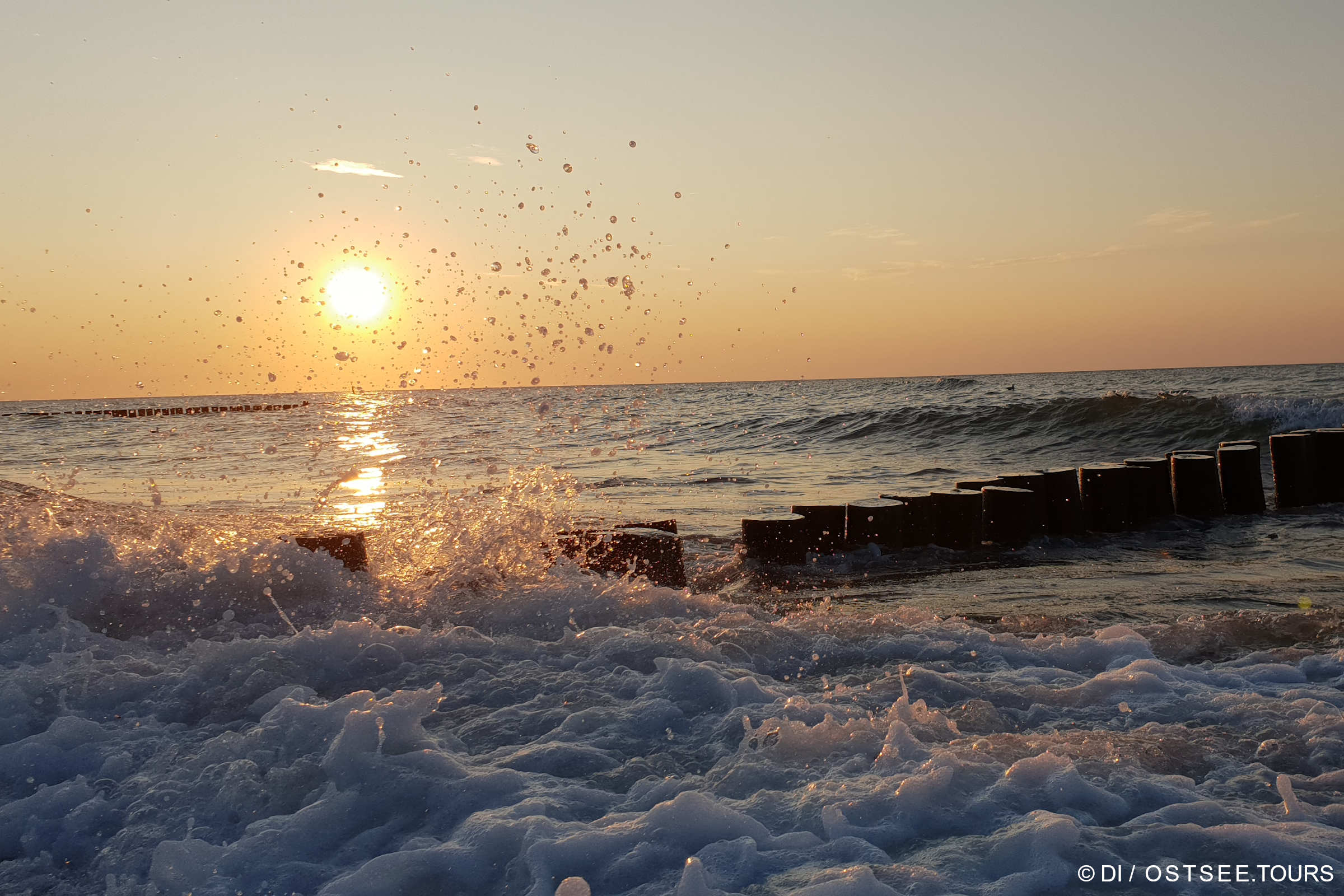 Während eines goldenen Sonnenuntergangs schlagen die Wellen gegen Buhnen am Ostseestrand und lassen das Wasser spritzen - eine idyllische Kulisse für Urlaub und unvergessliche Freizeitmomente, wenn die Sonne tief am Horizont versinkt.